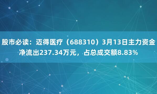 股市必读：迈得医疗（688310）3月13日主力资金净流出237.34万元，占总成交额8.83%